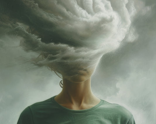 AI-generated image of person with dark cloud over her head