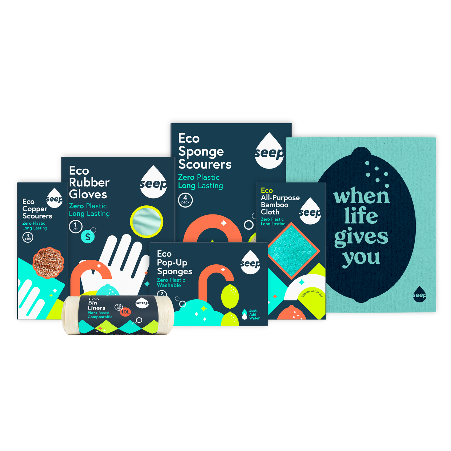 Bundle of 3 copper scourers, 1 pair of eco washing gloves, 4 eco kitchen sponges, 1 bamboo cloth, 1 swedish cloth, 2 pop-up sponges and 1 roll of 10L compostable bin liners