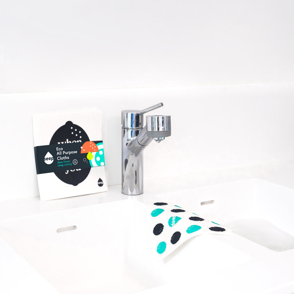 Seep Eco Sponge Cloths displayed on kitchen sink