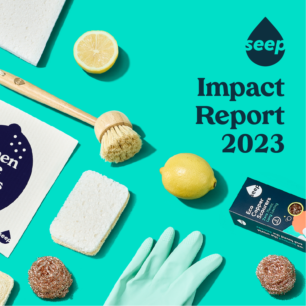 Impact report cover 2023 with turquoise background and Seep products overlay
