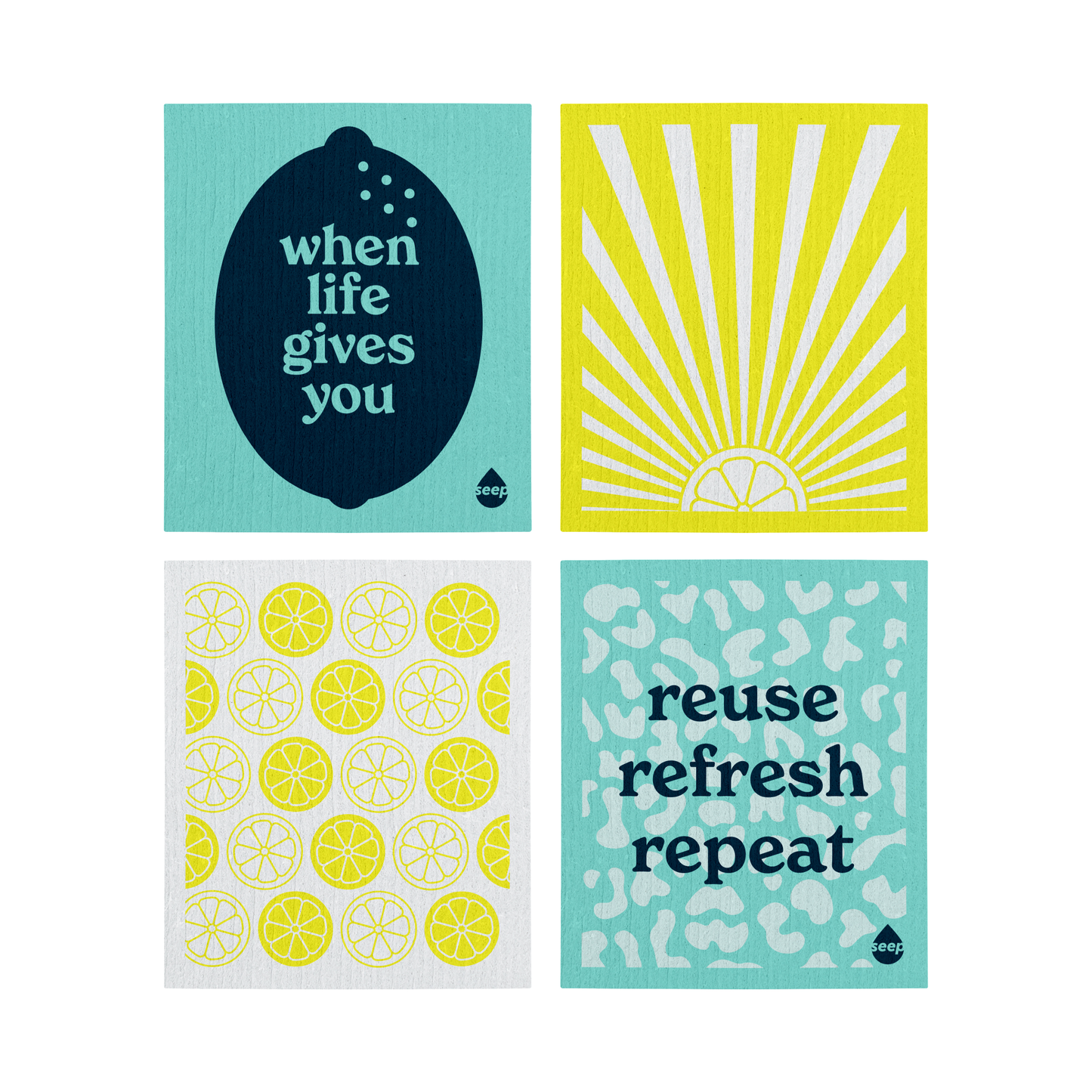 2 turquoise swedish cloths with navy prints, 1 yellow cloth with white sunshine print, 1 white cloth with yellow lemon print