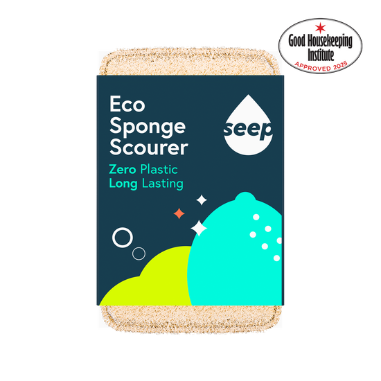 Single eco sponge in recyclable packaging, Good Housekeeping Institute approved logo on the side