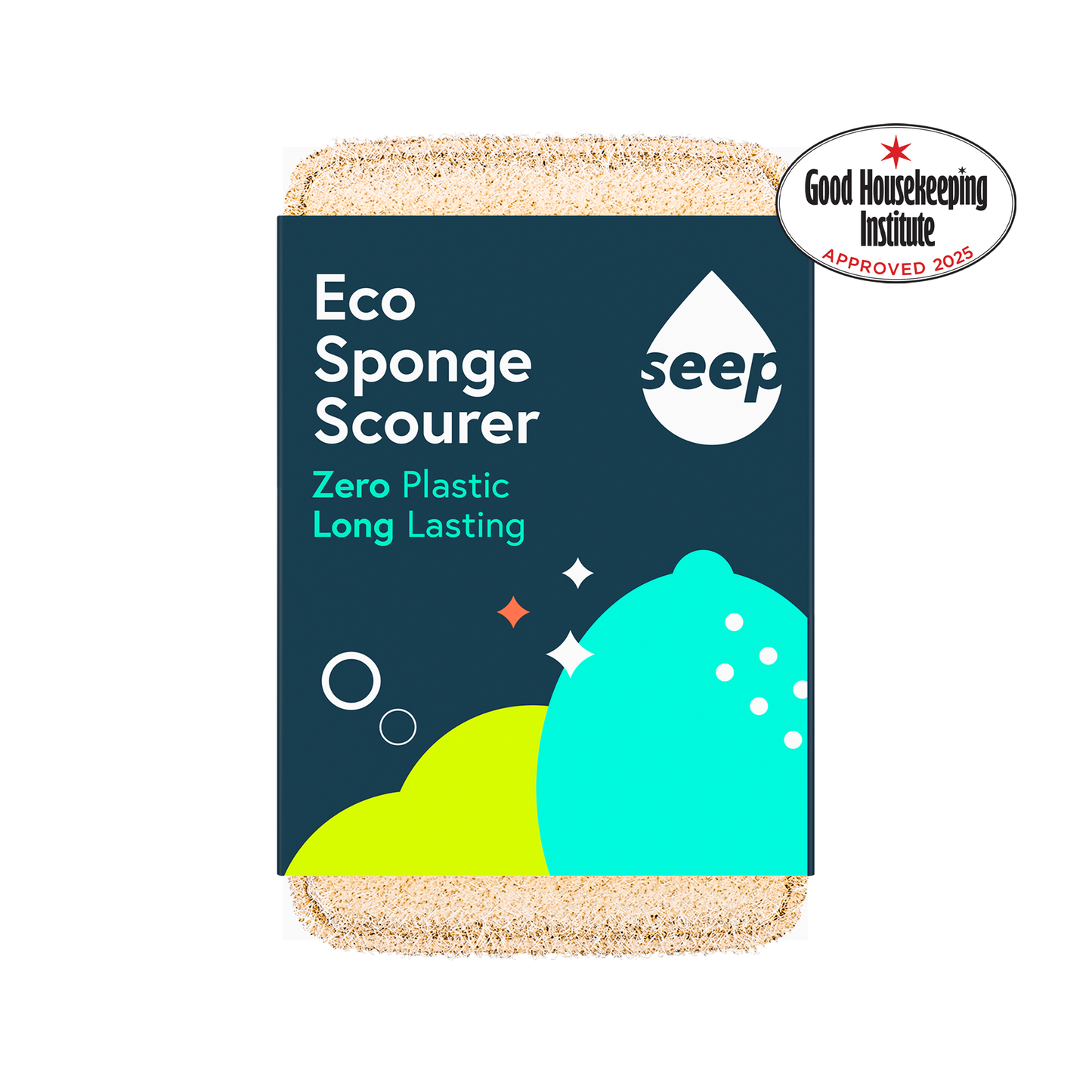 Single eco sponge in recyclable packaging, Good Housekeeping Institute approved logo on the side