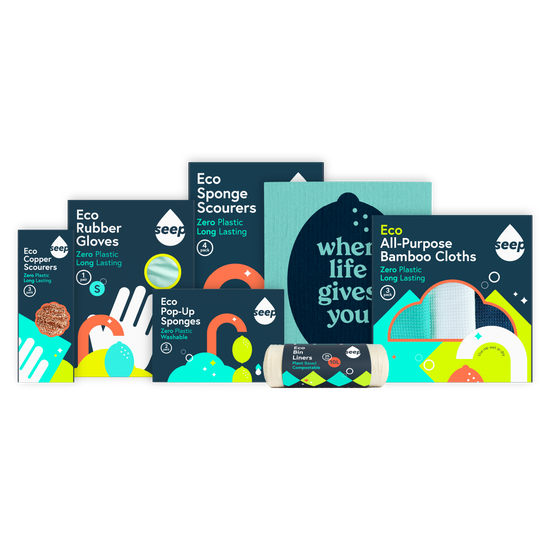 Bundle of 3 copper scourers, 1 pair of eco washing gloves, 4 eco kitchen sponges, 3 bamboo cloths, 1 swedish cloth, 2 pop-up sponges and 1 roll of 10L compostable bin liners