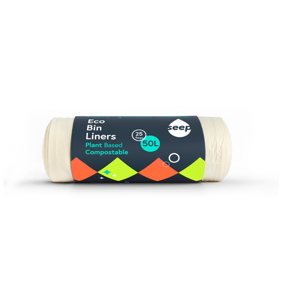 A roll of 25x 50 litre plastic-free bin bags wrapped in a branded recyclable wrap