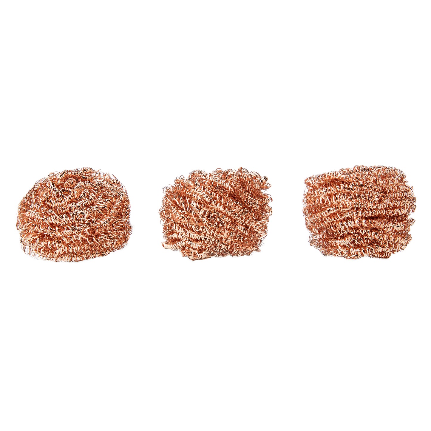 Three recyclable copper scourers displayed in a row