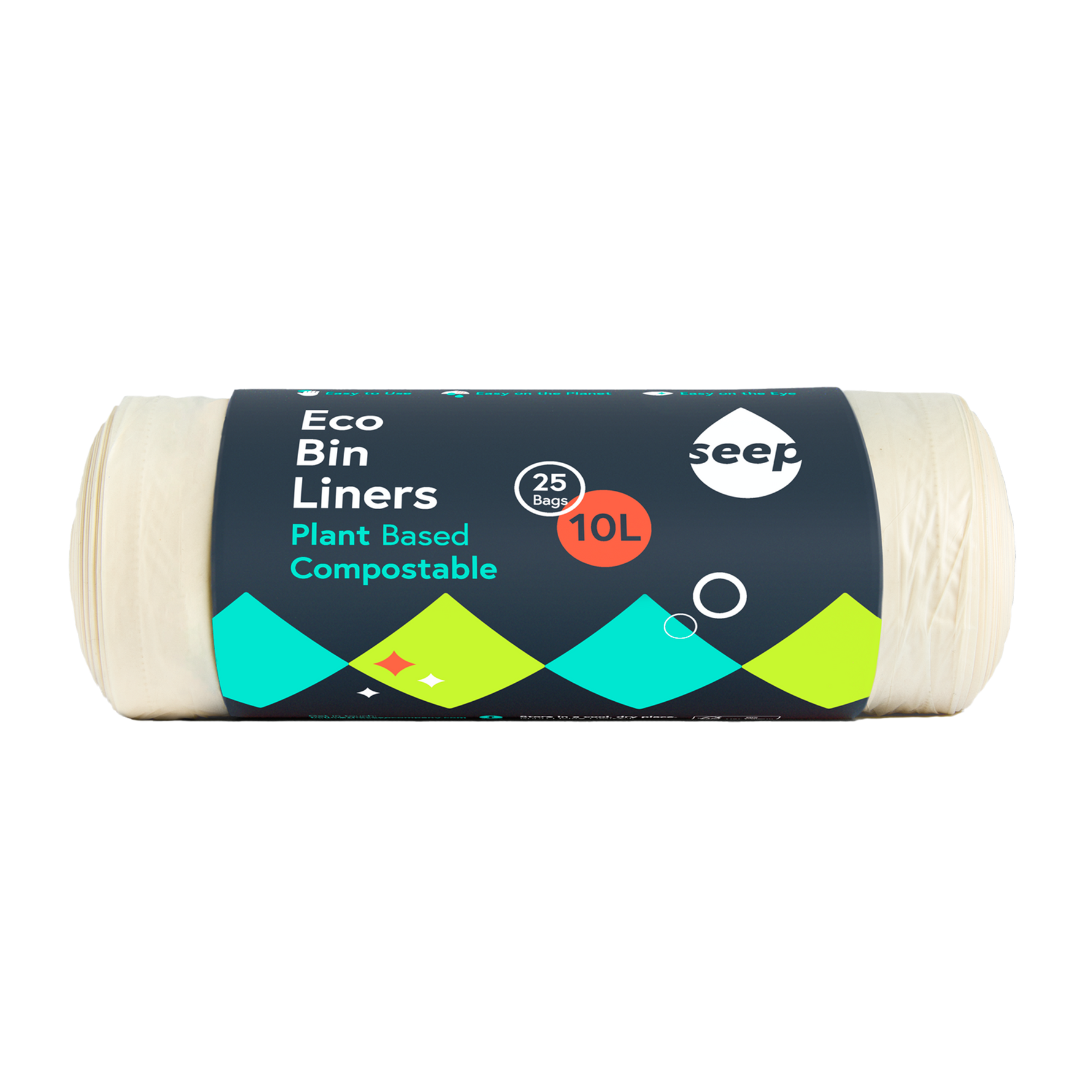 A roll of 25 plastic-free 10 litre bin bags wrapped in a branded recyclable wrap