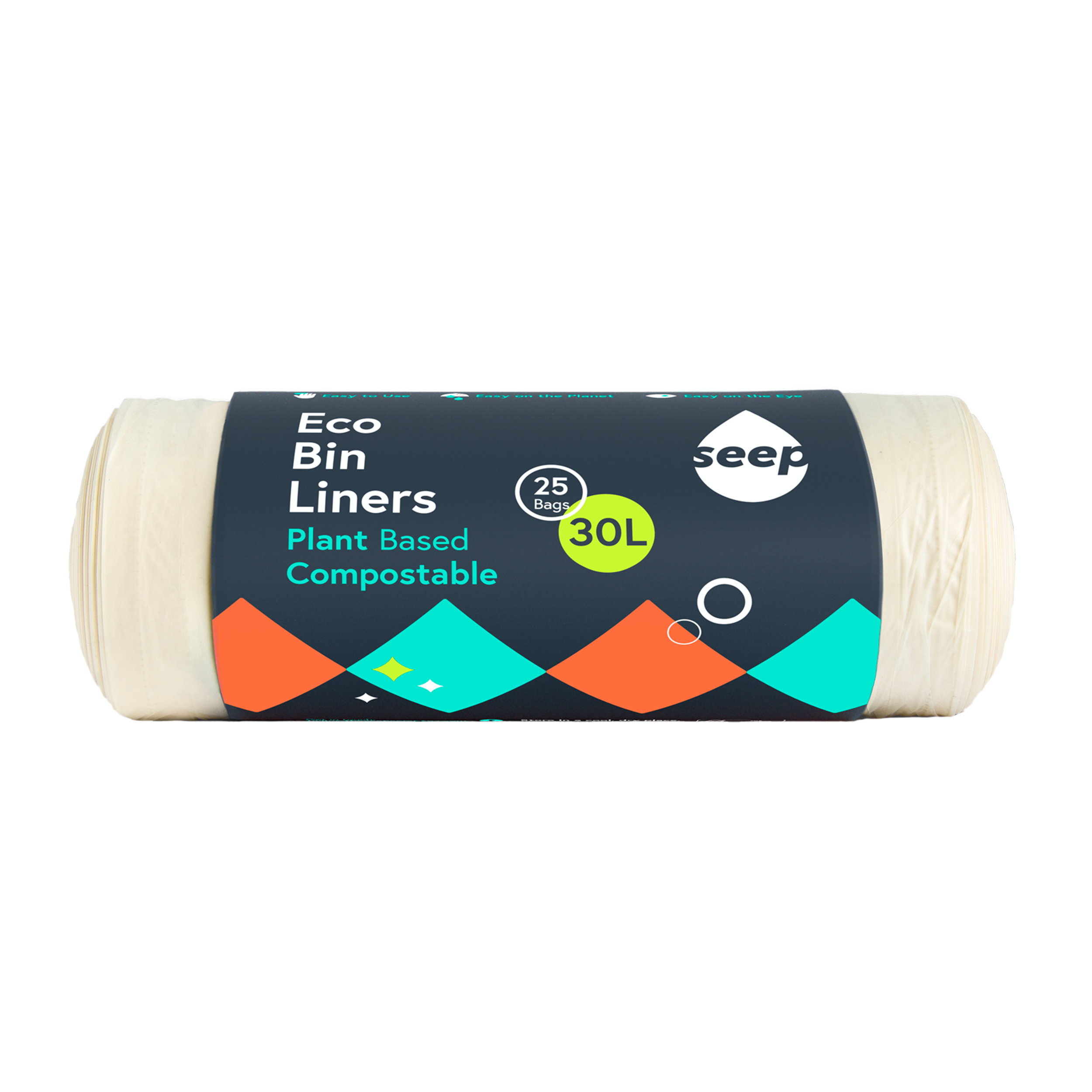 Roll of 25 plastic-free 30 litre bin bags wrapped in a branded recyclable label