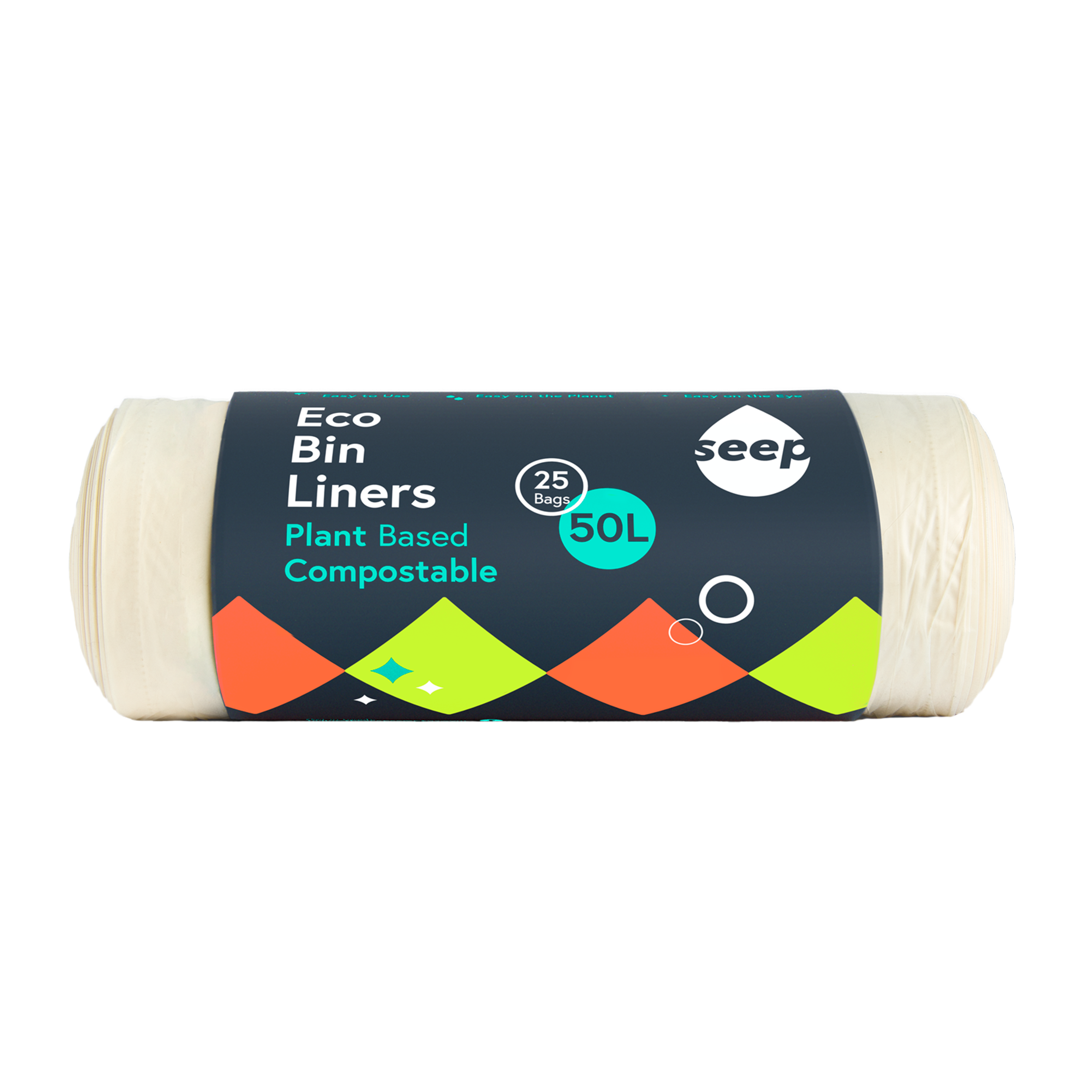Roll of 25 plastic-free 50 litre bin bags wrapped in a branded recyclable label