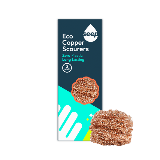 Pack of 3 recyclable copper scourers with a scourer displayed on the side