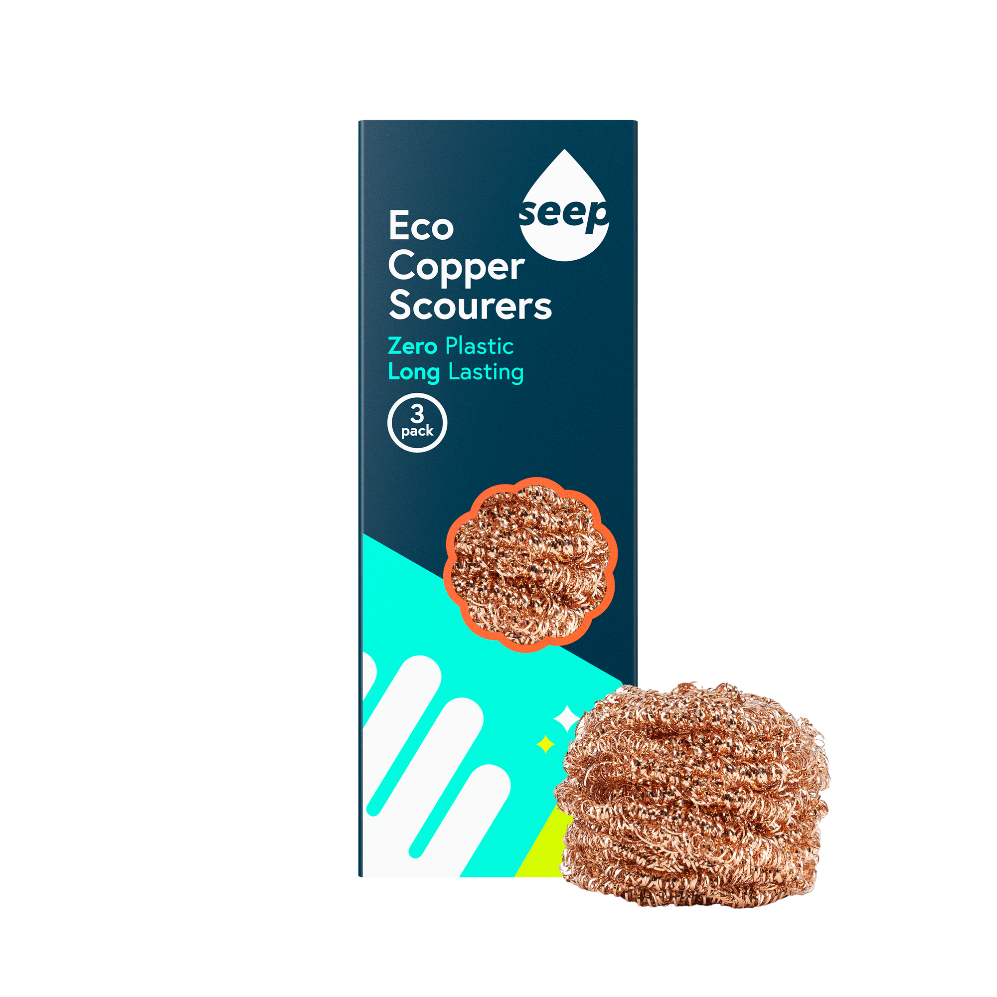 Pack of 3 recyclable copper scourers with a scourer displayed on the side