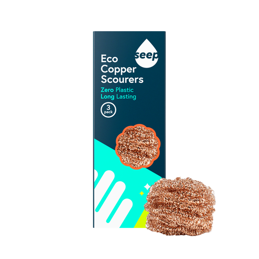 Pack of 3 recyclable copper scourers with a scourer displayed on the side