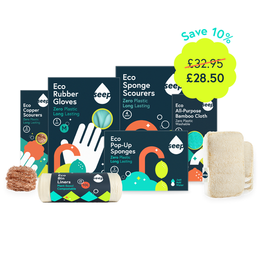 A bundle of 3 Eco Copper Scourers, 1 pair of Eco Washing Gloves, 4 Eco Kitchen Sponges, 1 Bamboo Cloth, 2 Pop-up Sponges and 1 roll of 10L Eco Bin Liners