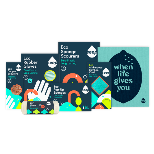 Bundle of 3 copper scourers, 1 pair of eco washing gloves, 4 eco kitchen sponges, 1 bamboo cloth, 1 swedish cloth, 2 pop-up sponges and 1 roll of 10L compostable bin liners
