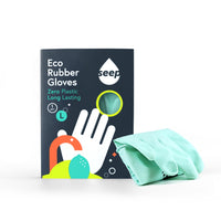 Eco Rubber Gloves in branded recyclable packaging with turquoise gloves displayed on the side