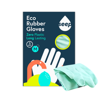 Pack of 3 pairs of plastic-free rubber gloves in branded recyclable packaging with turquoise gloves displayed on the side