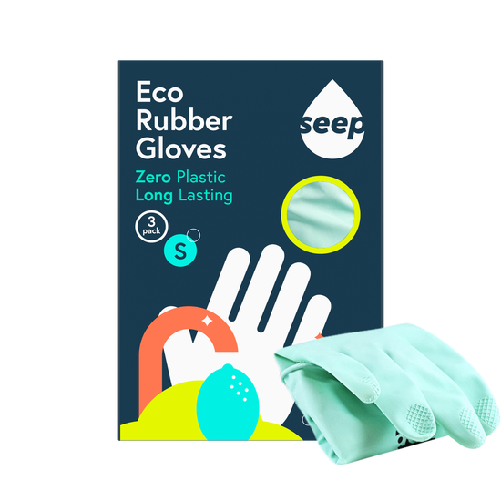 Pack of 3 pairs of plastic-free rubber gloves in branded recyclable packaging with turquoise gloves displayed on the side