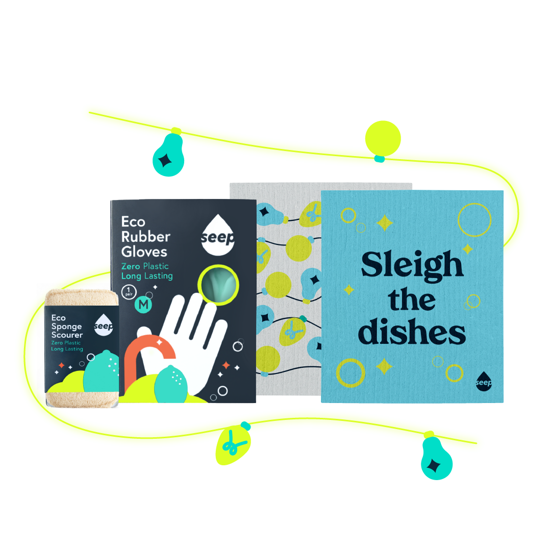 A plastic-free kitchen sponge scourer, a pair of rubber gloves and a pair of holiday-themed sponge cloths