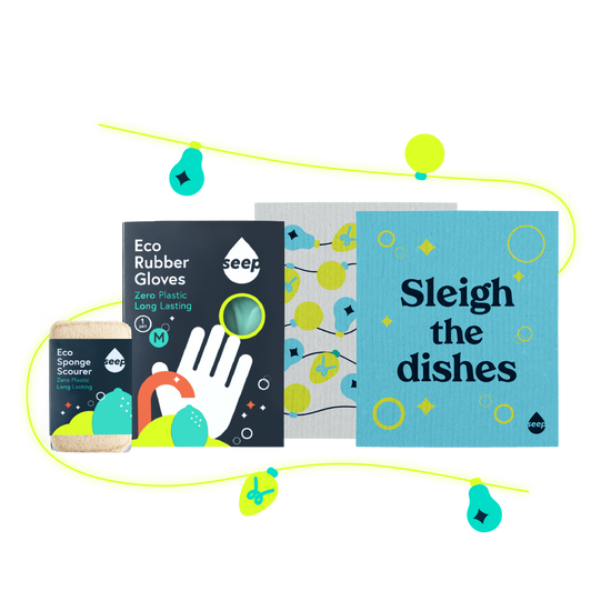 A plastic-free kitchen sponge scourer, a pair of rubber gloves and a pair of holiday-themed sponge cloths