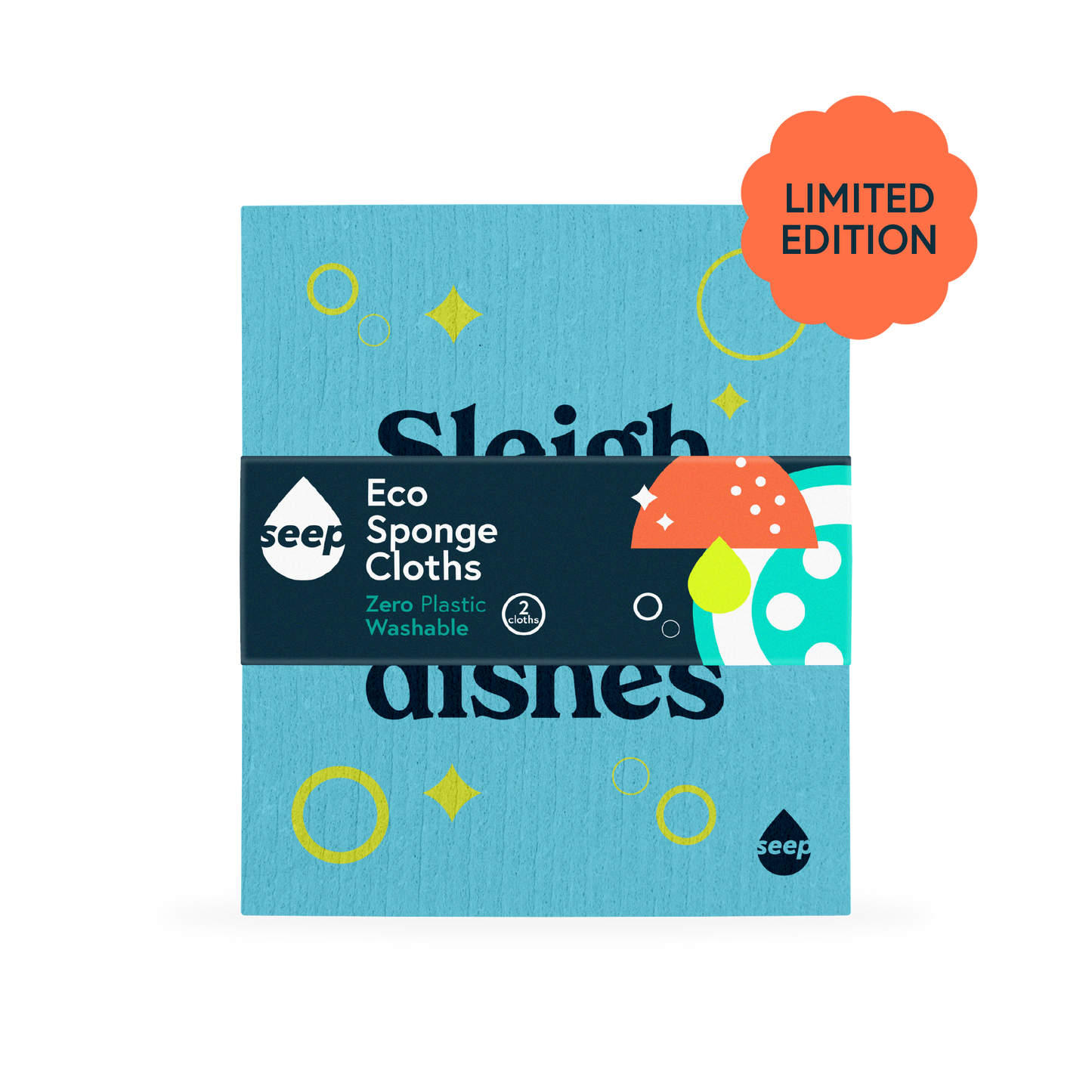 A plastic-free sponge cloth with bubbles, pings and "Sleigh the dishes" slogan printed on it, with a recyclable label around it