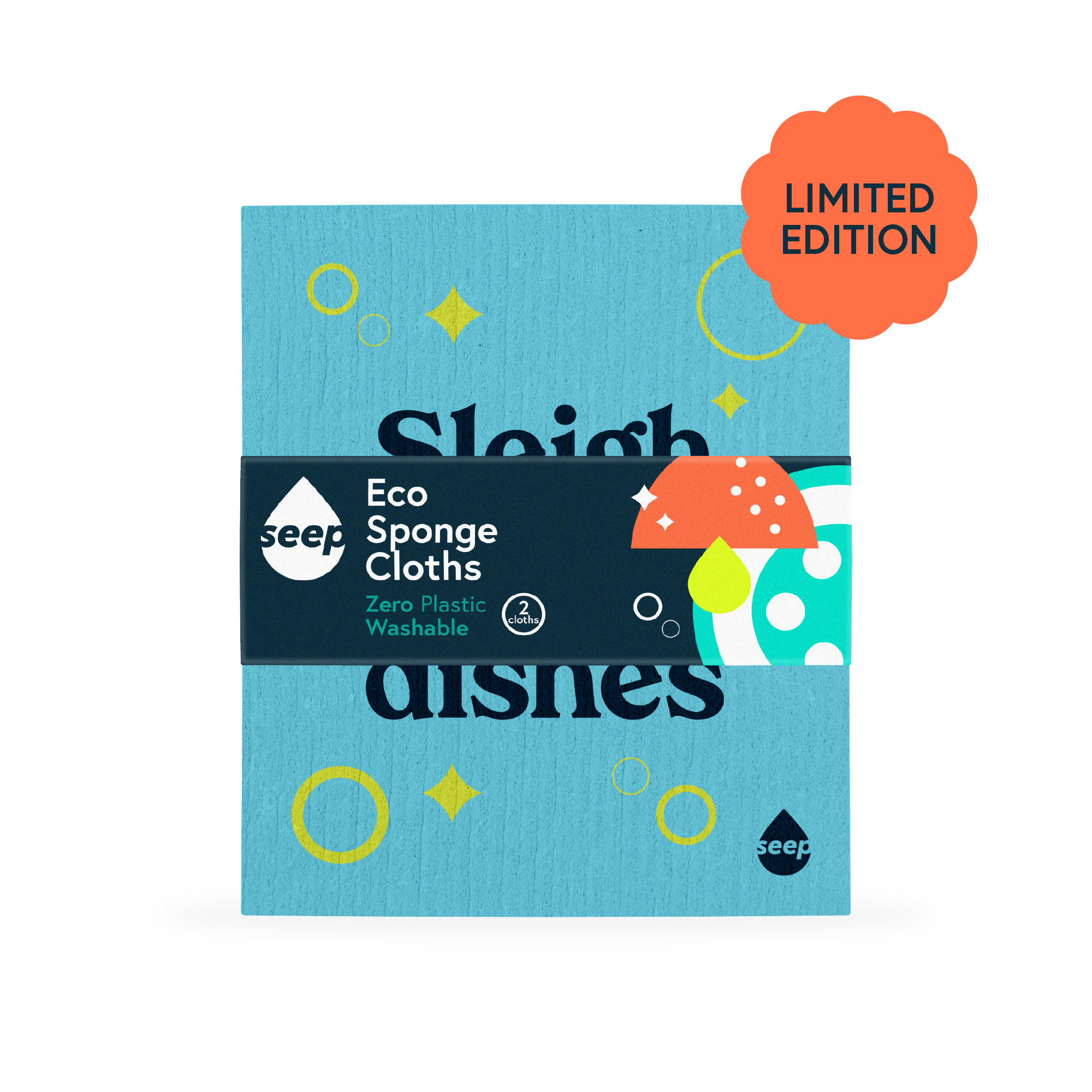 A plastic-free sponge cloth with bubbles, pings and "Sleigh the dishes" slogan printed on it, with a recyclable label around it