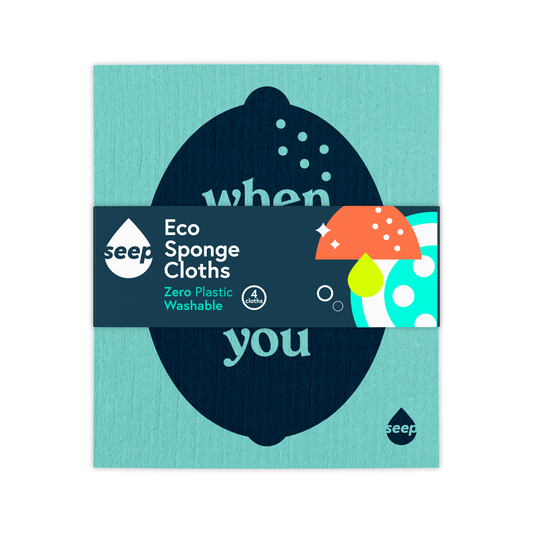 Pack of 4 plastic-free sponge cloths wrapped in a branded recyclable label