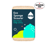 Single eco sponge in recyclable packaging, Good Housekeeping Institute approved logo on the side