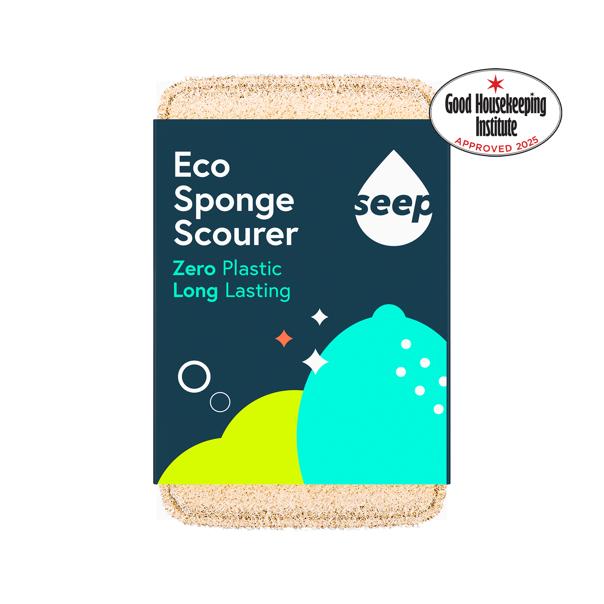 Single eco sponge in recyclable packaging, Good Housekeeping Institute approved logo on the side
