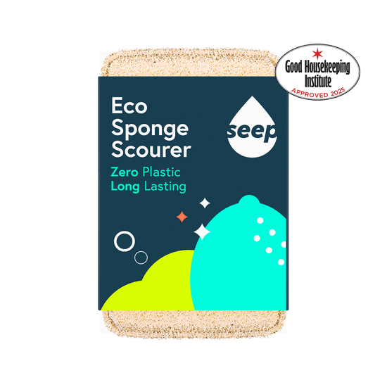 Single eco sponge in recyclable packaging, Good Housekeeping Institute approved logo on the side