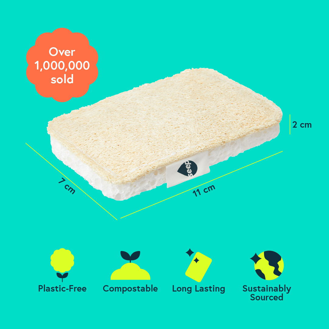 Infographic showing dimensions and qualities of Seep's eco sponge