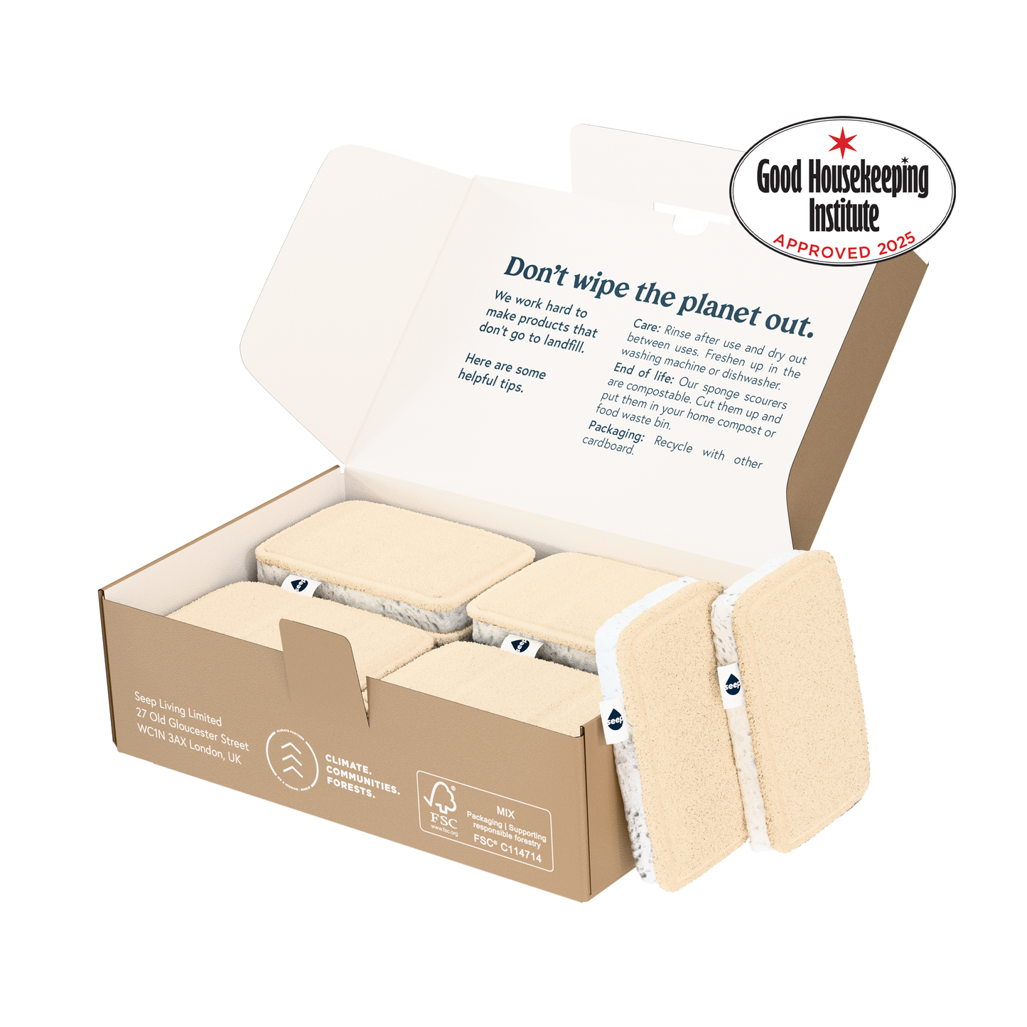 Cardboard box with 10 eco sponges inside and 2 eco sponges outside, Good Housekeeping Institute approved logo on the side