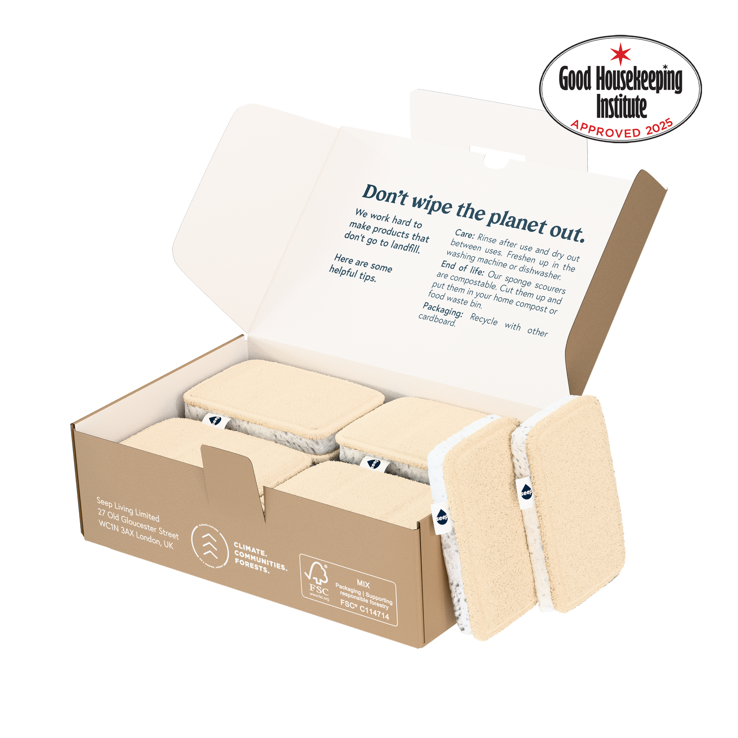 Cardboard box with 10 eco sponges inside and 2 eco sponges outside, Good Housekeeping Institute approved logo on the side