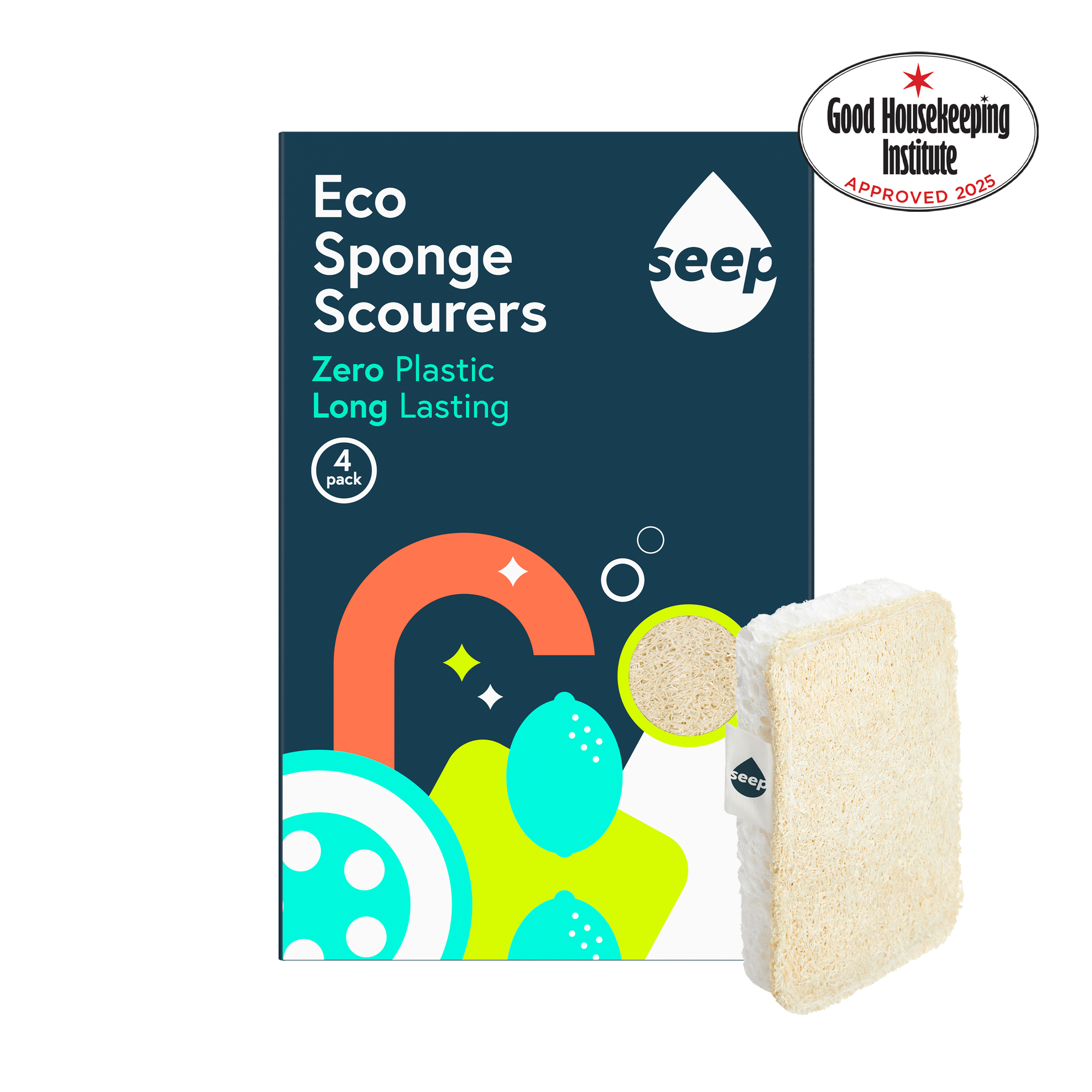 Pack of 4 eco sponges with a sponge displayed on the side, Good Housekeeping Institute approved logo on the side