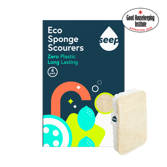 Pack of 4 eco sponges with a sponge displayed on the side, Good Housekeeping Institute approved logo on the side