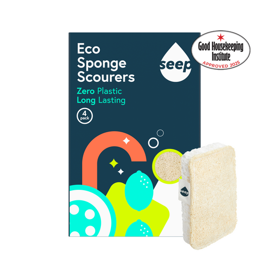 Pack of 4 eco sponges with a sponge displayed on the side, Good Housekeeping Institute approved logo on the side