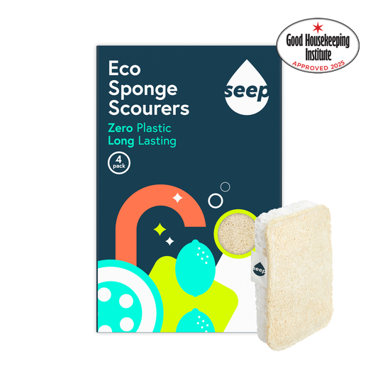 Pack of 4 eco sponges with a sponge displayed on the side, Good Housekeeping Institute approved logo on the side