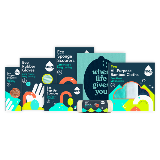 Bundle of 3 copper scourers, 1 pair of eco washing gloves, 4 eco kitchen sponges, 3 bamboo cloths, 1 swedish cloth, 2 pop-up sponges and 1 roll of 10L compostable bin liners