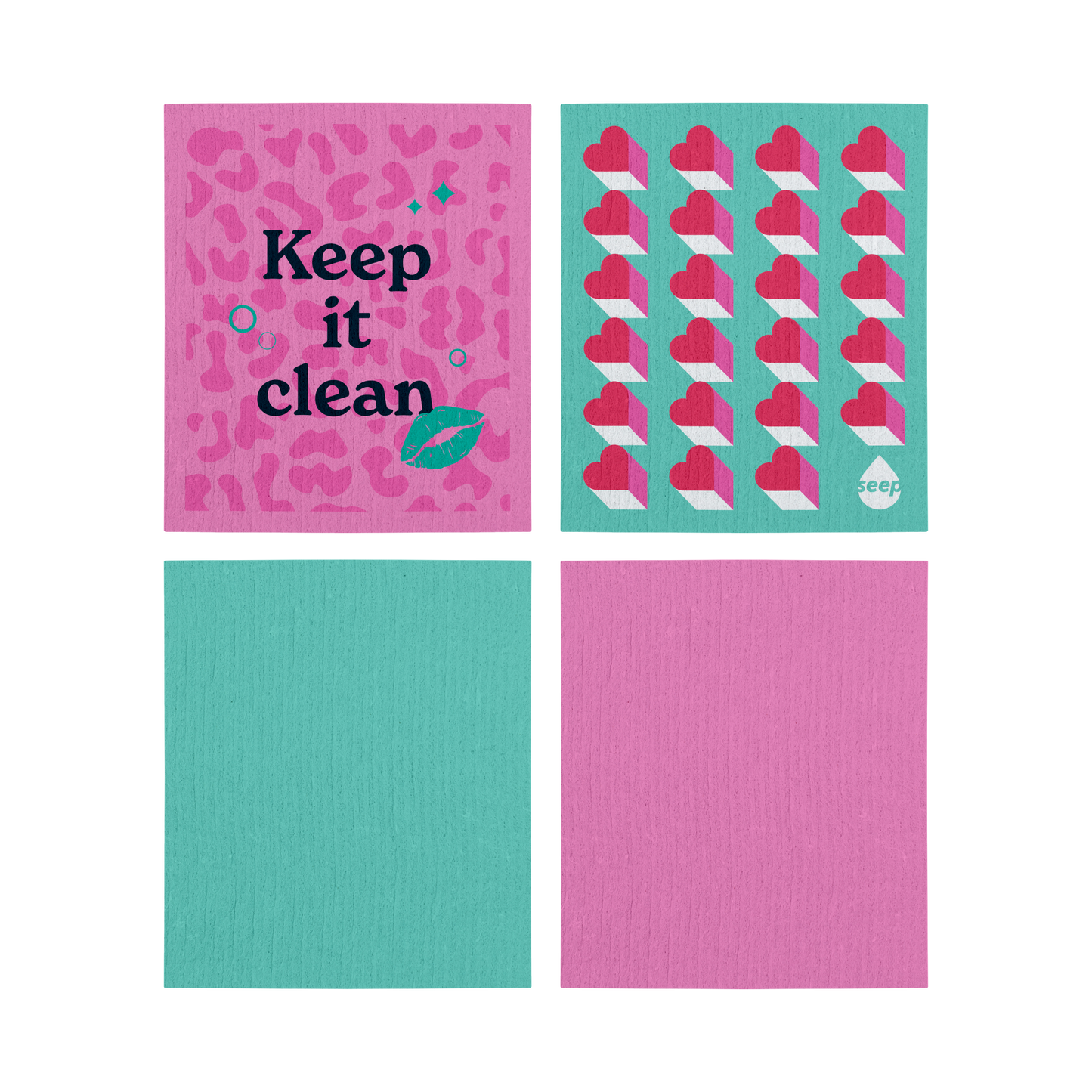 2 turquoise and pink swedish cloths with Valentine's-themed prints and 2 plain turquoise and pink cloths