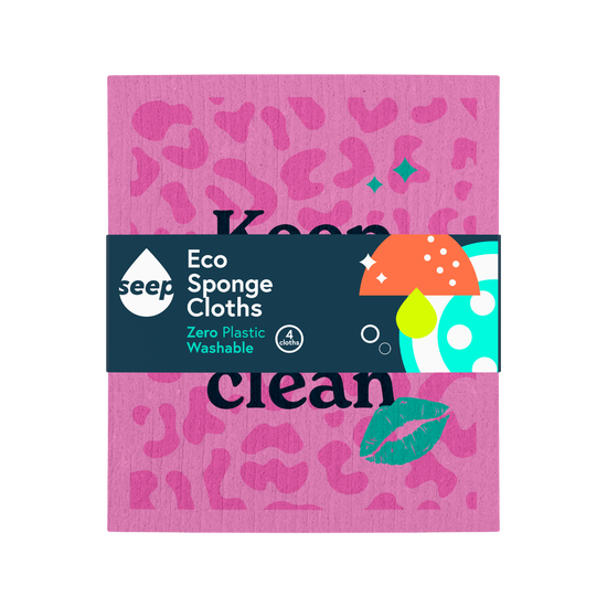 Pack of 4 plastic-free sponge cloths wrapped in a branded recyclable label