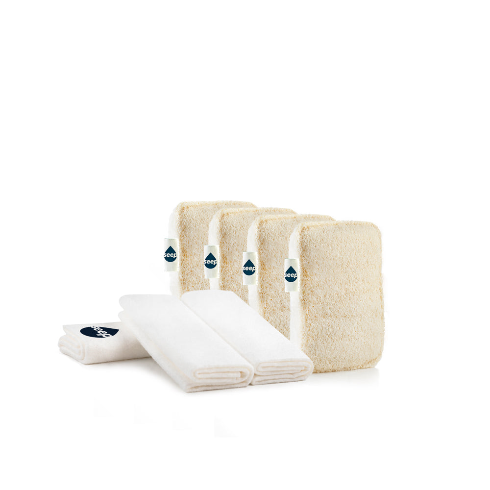 4 Eco Kitchen Sponges and 3 Eco Cloths displayed outside of packaging