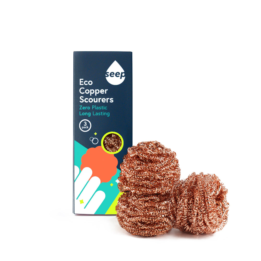 Pack of 3 Recyclable Copper Scourers with scourers displayed on the side