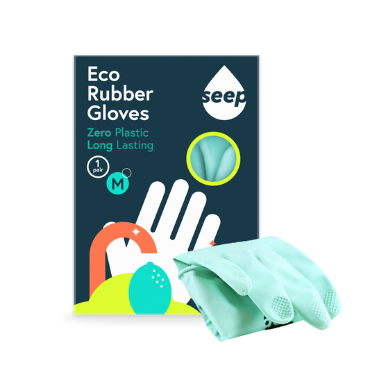 Eco Rubber Gloves in branded recyclable packaging with turquoise gloves displayed on the side