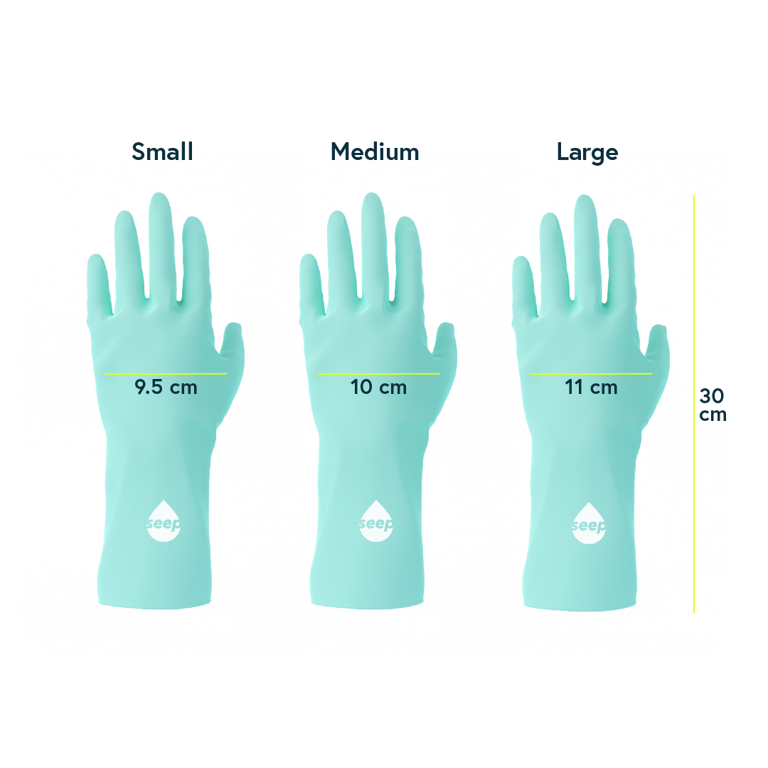 Graphic showing dimensions of the small, medium and large sizes of rubber gloves