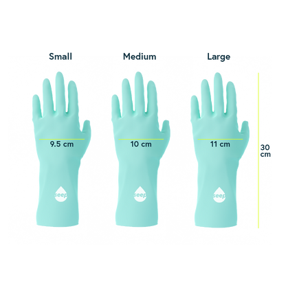 Graphic showing dimensions of the small, medium and large sizes of rubber gloves