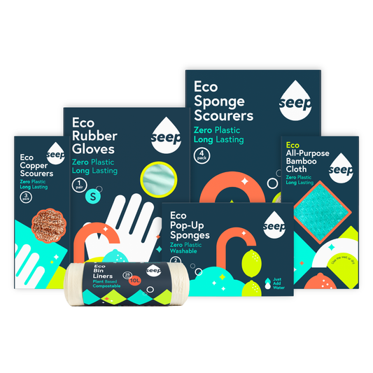 Bundle of 3 copper scourers, 1 pair of eco washing gloves, 4 eco kitchen sponges, 1 bamboo cloth, 2 pop-up sponges and 1 roll of 10L compostable bin liners