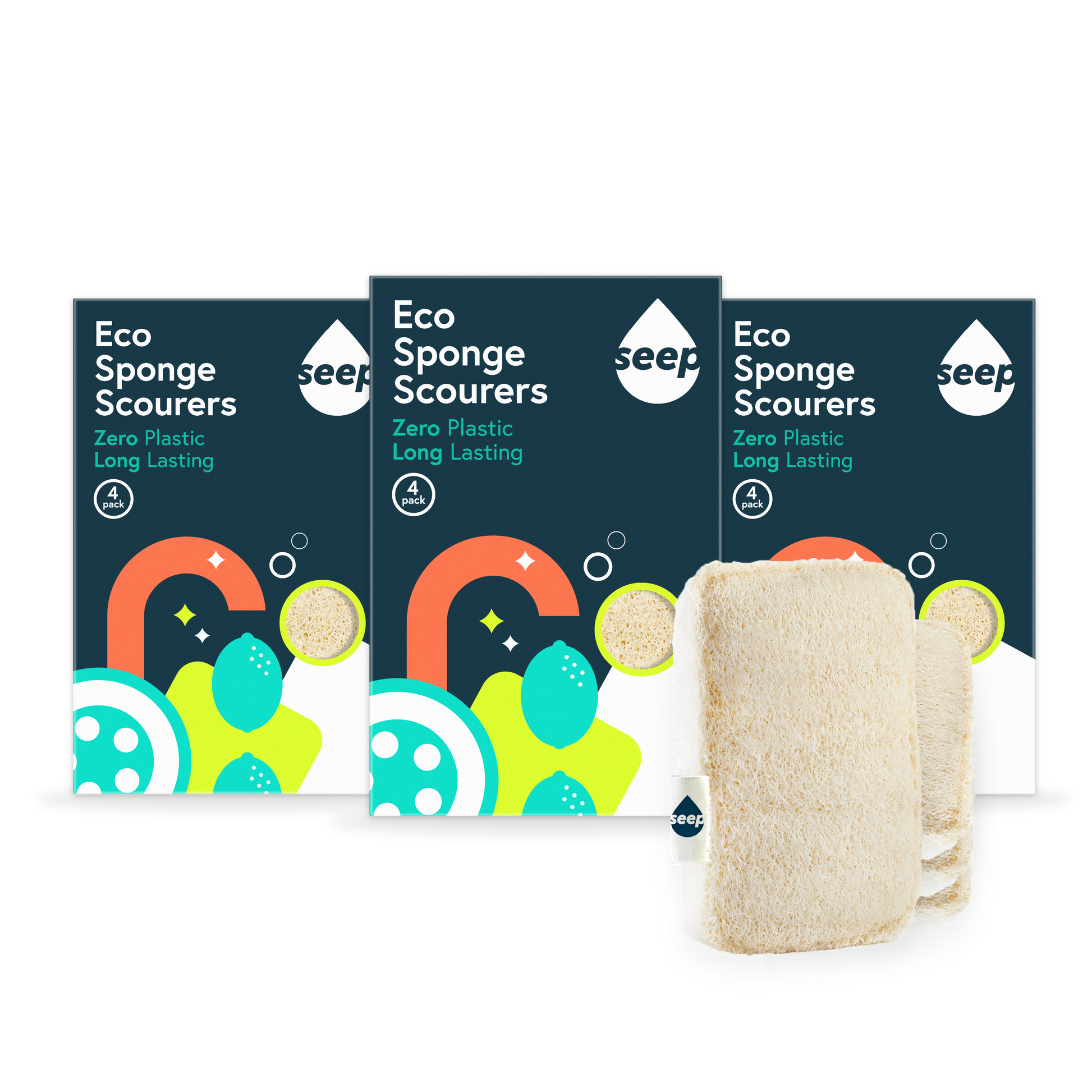 3 boxes of plastic-free kitchen sponges, with some sponges on display