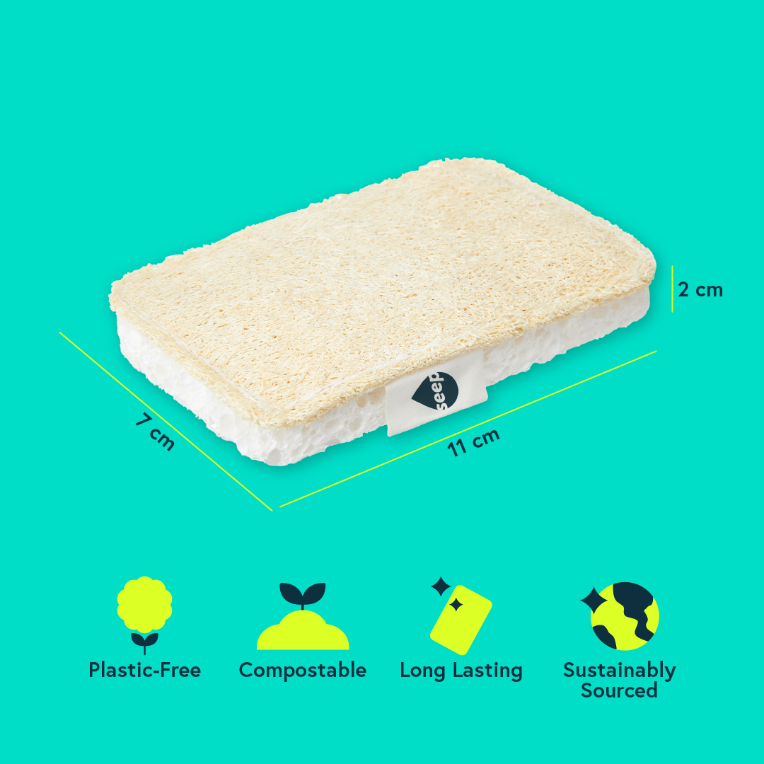 Infographic showing dimensions and qualities of Seep's eco sponge