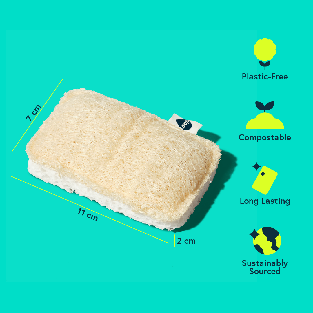 Infographic showing dimensions and qualities of Seep's eco sponge